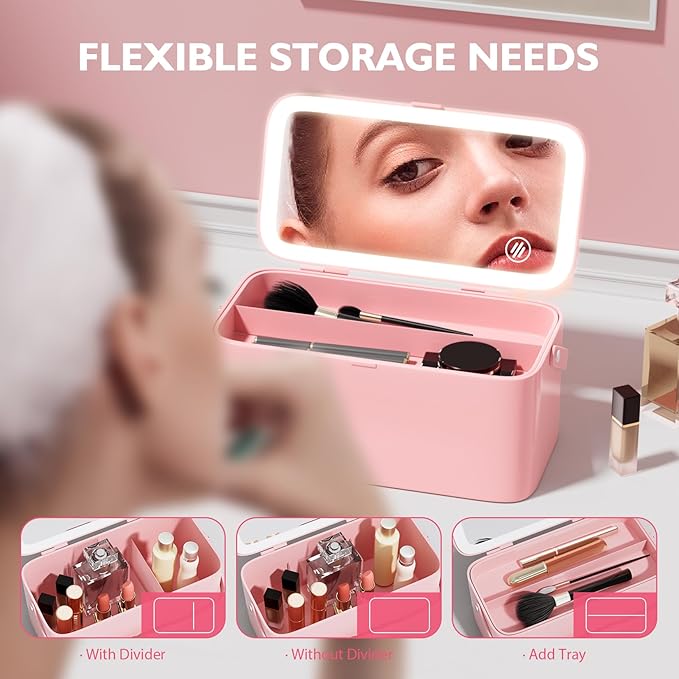 Makeup Case with Mirror and Light - Portable Cosmetic Box Rechargeable with 3 Color Mode and DIY Partitions for Women Girls (Pink B)
