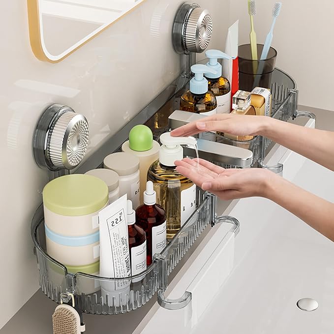 Suction Bathroom Shelf with Drain Holes Space Efficient Storage for Toiletries Cosmetics Laundry Room Supplies Multipurpose Suction Shelf
