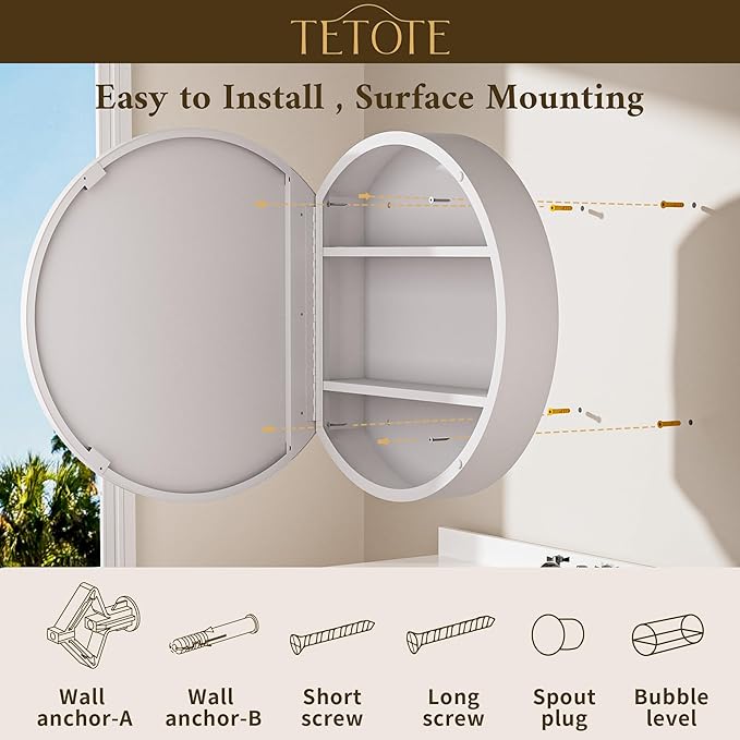 TETOTE 20 x 20 Inch Medicine Cabinet Mirror White Framed Round Mirrored Medicine Cabinets for Bathroom Adjustable Shelves Modern Bathroom Mirror with Storage Wall Mounted