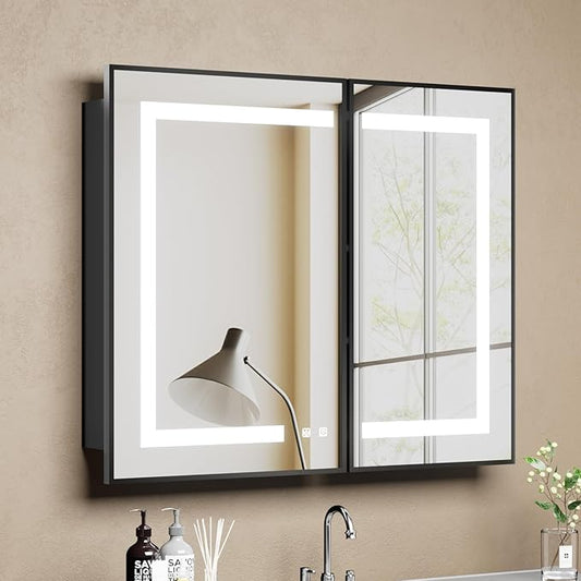 LOVMOR Led Medicine Cabinet with Mirror, Bathroom Vanity Mirror Cabinet with Shelves, 3-Color Lights Dimmer, Black 32" H x 40" W