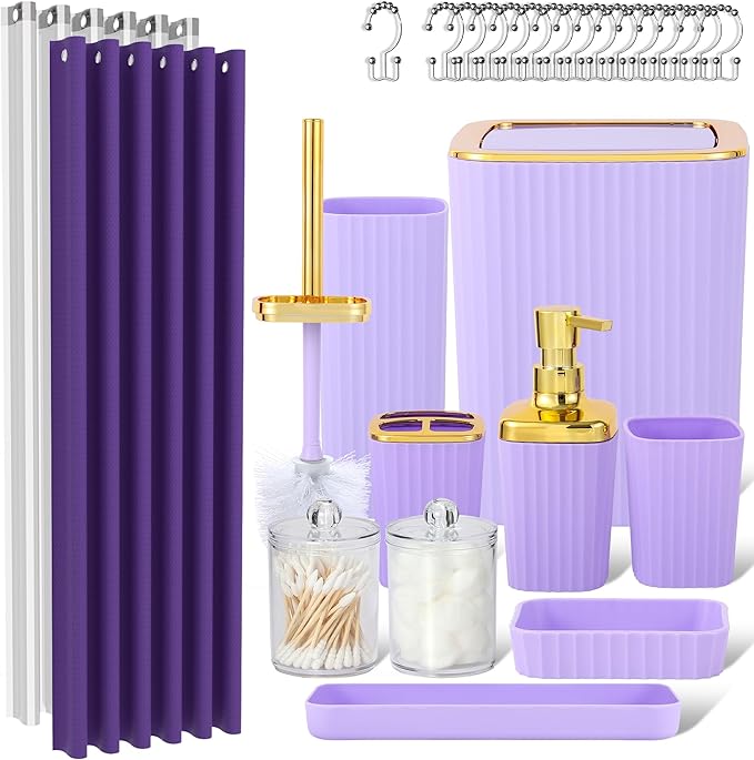 Purple Bathroom Set, 23 PCS Purple Bathroom Accessories Set with Shower Curtains, Trash Can, Toothbrush Holder, Soap Dispensers, Toothbrush Cup, Vanity Tray, Soap Dish, Toilet Brush, Qtip Holders