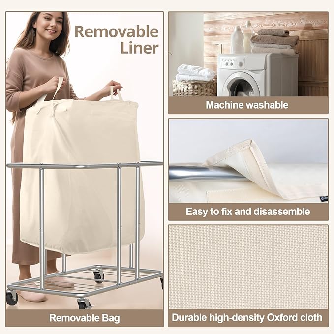 Hodonas 230L Rolling Laundry Hamper, 2-Section Laundry Basket with Wheels, 61 Gallons Laundry Sorter with Metal Structure and Removable Liner, Clothes Hamper for Laundry Room, Bathroom, Bedroom, Beige