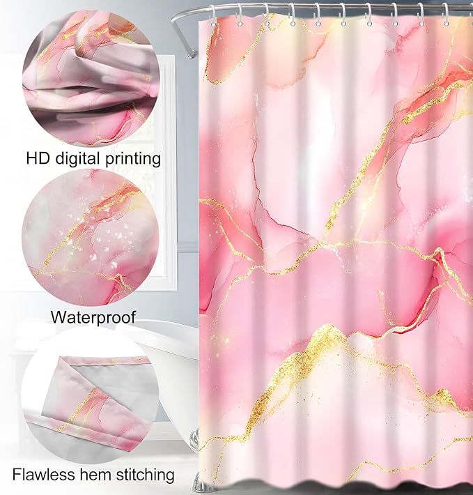 Lnond 4Pcs Bathroom Sets with Shower Curtain and Rugs, Pink Gold Marble Modern Art Shower Curtain Sets with Rugs and Accessories
