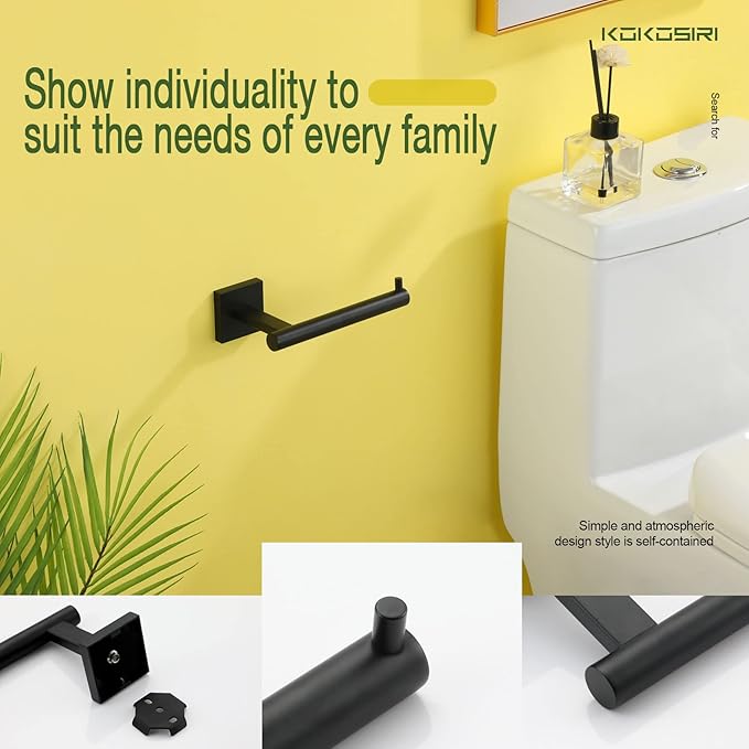 KOKOSIRI 20-Inch Bathroom Shelves Glass Floating Shelf Toilet Roll Holder Toilet Paper Holder Stainless Steel Matte Black B1105BK-L20+B2005BK