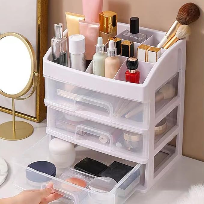 GOTOTOP 3 Tier Drawer Makeup Storage Box, Clear Plastic Cosmetic Organizer, Stationery Storage with Jewelry Drawer, Drawers