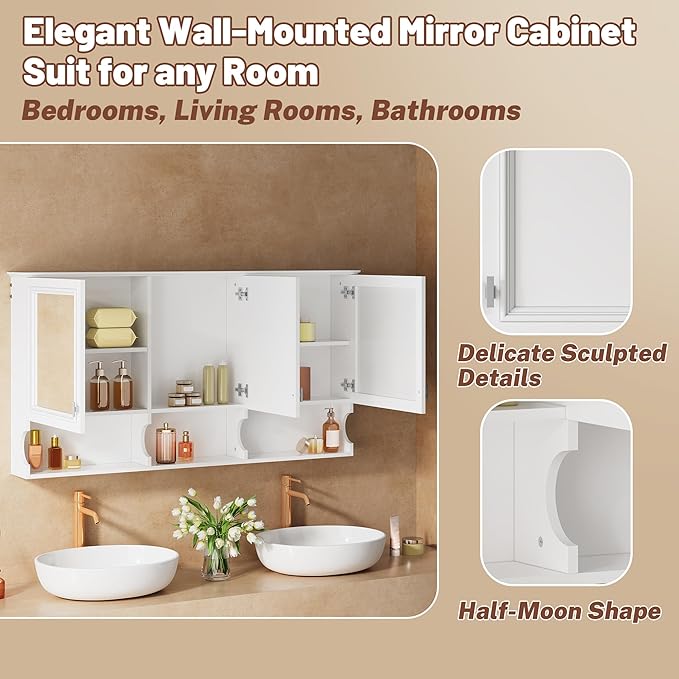 Merax Bathroom Wall Cabinet with Mirror, Wall Mounted Medicine Cabinet with Adjustable Shelves and Open Spaces, 55" x 28" Mirrored Door Over The Toilet Bathroom Storage Cabinet