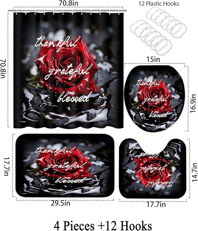 4Pcs Romantic Red Rose Bathroom Shower Curtain Sets, Valentine's Day Gift Waterproof Fabric Floral Bathroom Sets with Shower Curtain and Rugs Toilet Lid Cover Bath Mat, Retro Flower Home Decor Sets