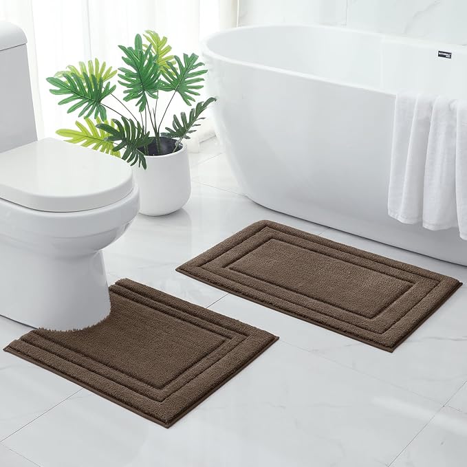 HOMEIDEAS Bathroom Rugs Sets 2 Piece, Super Soft and Absorbent Non Slip Microfiber U-Shaped Toilet Bath Mat Set (20"x32"+U20 x24, Brown)