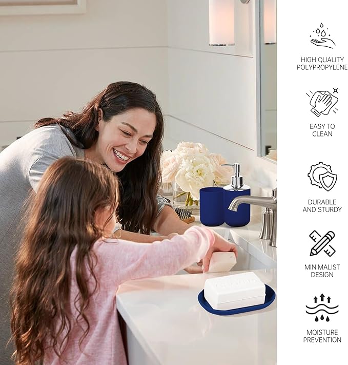 Bathroom Accessory Set, 4 Pcs Plastic Bathroom Set Include Soap Dispenser, Soap Dish, Toothbrush Holder, Mousewash Cup, Modern Bahtroom D??cor Set, Space Save for Bathroom (Blue)