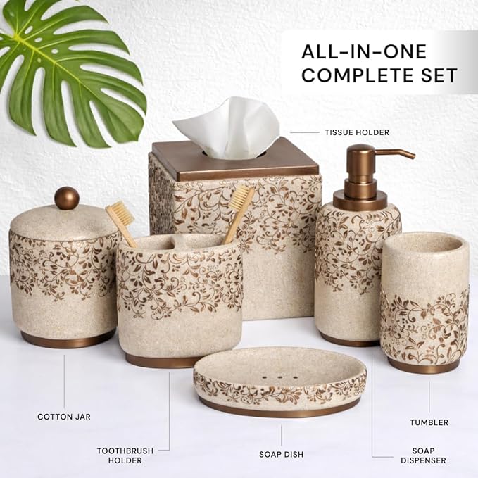 Decozen Bathroom Accessories 6Pcs Set, Soap Dispenser, Toothbrush Holders, Tumbler, Soap Dish & Cotton Swab Jar – Modern Bathroom Decor, Modern Farmhouse Decor, Countertop Accessories, Beige