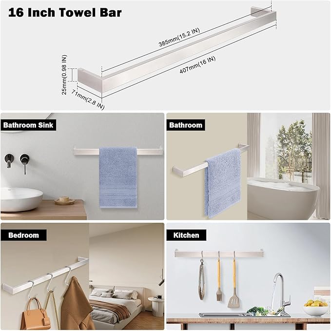 Livabber Square Bath Towel Bar, 304 Stainless Steel Towel Rack, Heavy Duty Towel Holder Wall Mounted for Bathroom Accessories, Kitchen, Brushed Nickel (16 Inch)