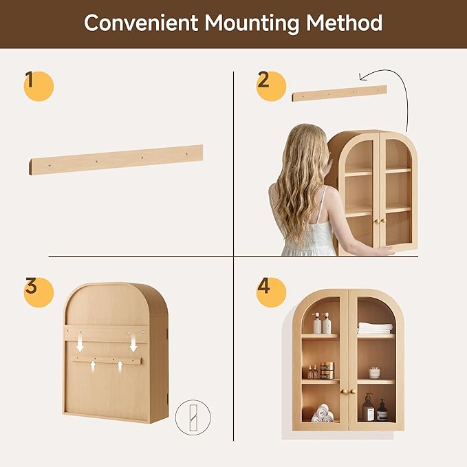 Fatmok Arched Bathroom Wall Cabinet Set of 2, Over-The-Toilet Storage Cabinet with Glass Doors & Adjustable Shelf, Wood Floating Medicine Cabinet for Bathroom, Laundry, Kitchen(Natural Wood)