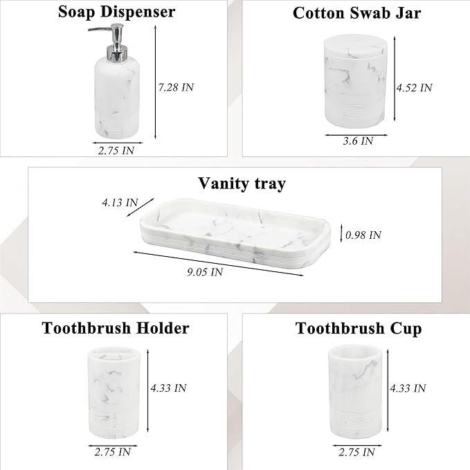 LIN CHUAN 6-Piece Bathroom Accessories Set, Organizer Set with Soap Dispenser, Toothbrush Holder Set, Vanity Tray, Tumbler & 2 Cotton Swab Jars – Modern Stylish Bathroom Storage(Marble White)