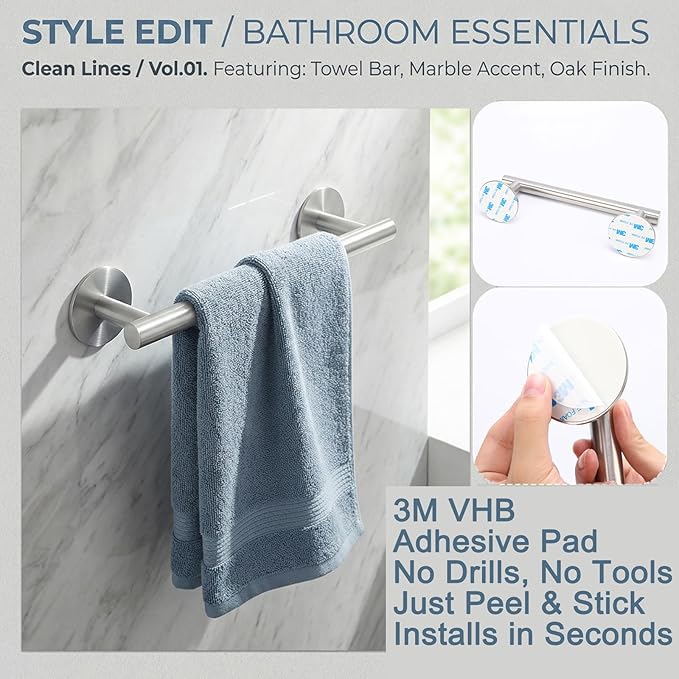 9 Inch Brushed Nickel Hand Towel Holders - Small Space Solutions Towel Rack for Bathroom&Kitchen, Stainless Steel Self Adhesive Bathroom Towel Bar, Towel Organizer Bathroom Hardware