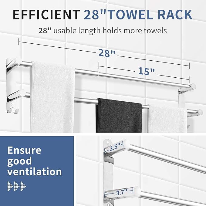 Stainless Steel Double Towel bar,adjustable16-28IN Double Towel Racks for Bathroom Wall Mounted,Suitable for Bathrooms and Kitchens