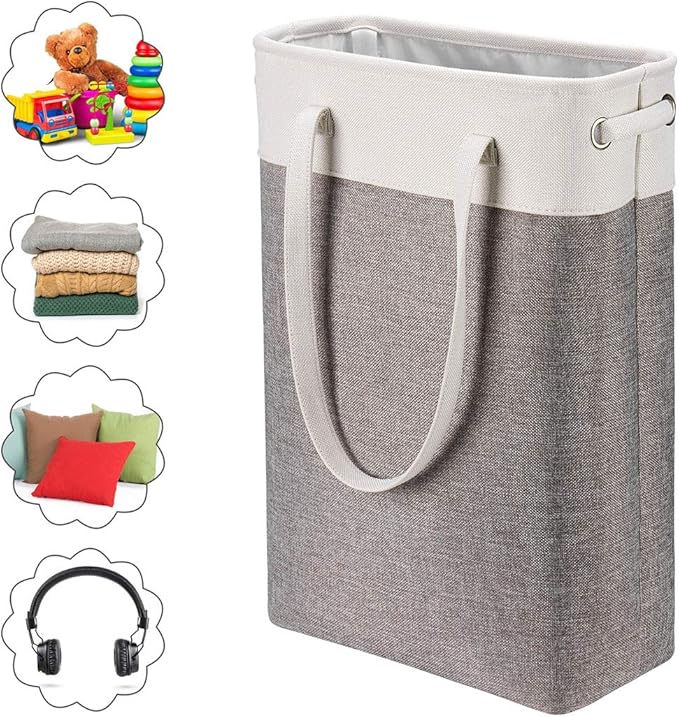 i BKGOO Laundry Basket with Handles white&Grey Coffee-Slim Laundry Bin Collapsible Dirty Clothes Basket Narrow Laundry Bag Foldable Dirty Hamper for Camping, Dorms, Apartments
