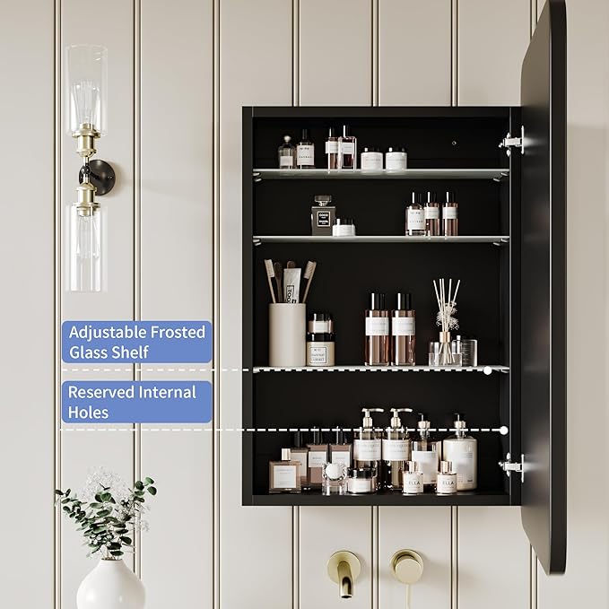 AGDULL Vintage-Style Bathroom Wood Black Cabinet with 17.5''x29'' Black Metal Frame Curved Mirror, Recessed Medicine Cabinet, Bathroom Storage Cabinet