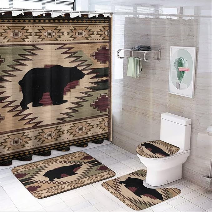 Rustic Black Bear Shower Curtain Sets with Rugs 4 Piece Accessories Bathroom Curtains Shower Set Include Shower Curtain Non-Slip Rug Toilet Lid Cover Bath Mat One Size