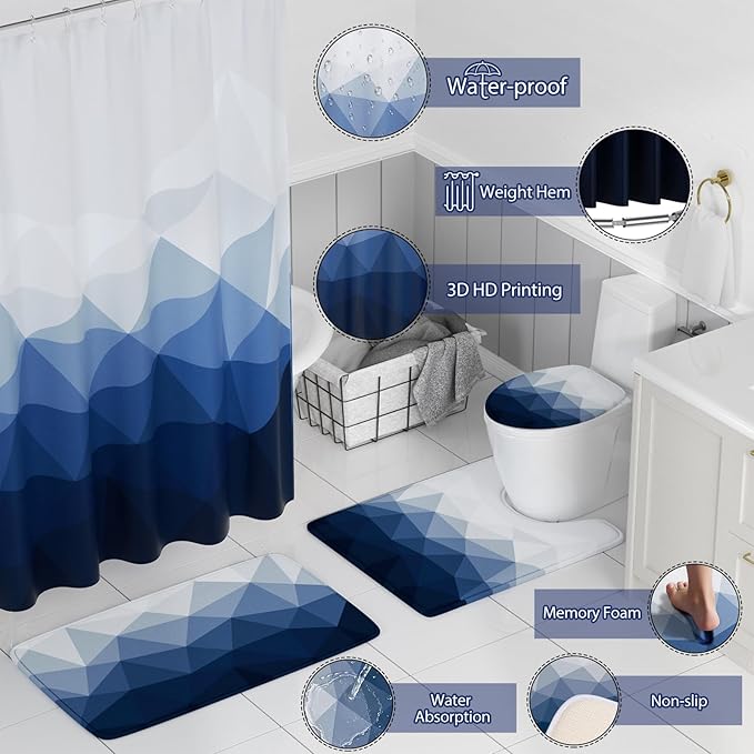 XLHOMO Bathroom Accessory Set - 26PC Bathroom Shower Curtain and Rug Set, Bathroom Accessories Set, Navy Blue Bathroom Set with Trash Can, Toilet Brush, Qtip Holder & Soap Dispenser