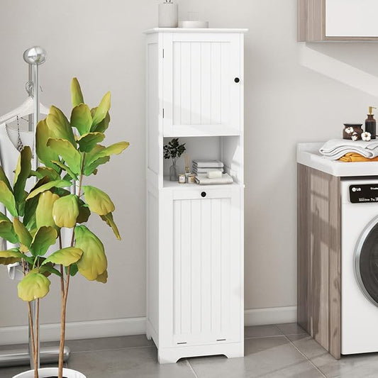 Locsear Tilt Out Laundry Hamper Cabinet, 55" Tall Bathroom Storage Cabinet Laundry Cabinet with Shelves and Clothes Basket, Hamper Cabinet Shelf for Laundry Room Bathroom Organizer, White