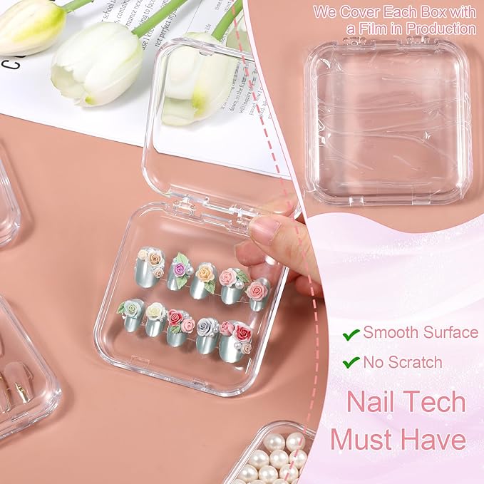 SHENLIU 50 Sets Press On Nail Storage Box, Clear Artificial Nail Display Case Acrylic Nail Boxes Press On Nail Packaging Box with Adhesive Double Sided Tape Nail Boxes for Nail Salon
