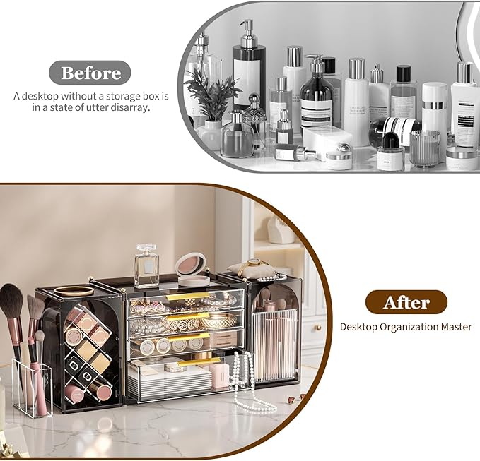 4-Tier Drawer Makeup Organizer, 3-in-1 Free Combination Cosmetic Storage with Lipstick Holder & Brush Rack, Skincare Organizer with Mini Tray for Vanity Bathroom Bedroom Dorm