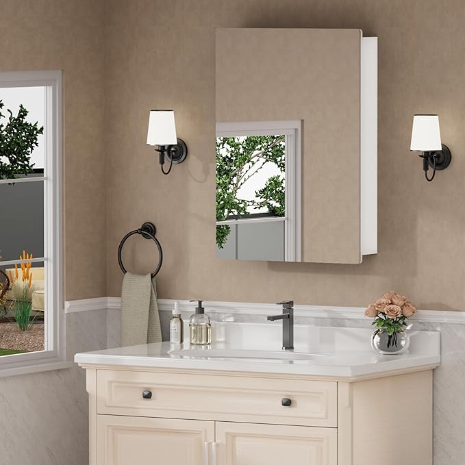 20x28 Inch Medicine Cabinet with Mirror, Recessed or Surface Mounted Bathroom Cabinets for Storage, 2 Fully Adjustable Tempered Glass Shelves, Soft-close DTC Hinges, HD Reflection Mirror Door, White