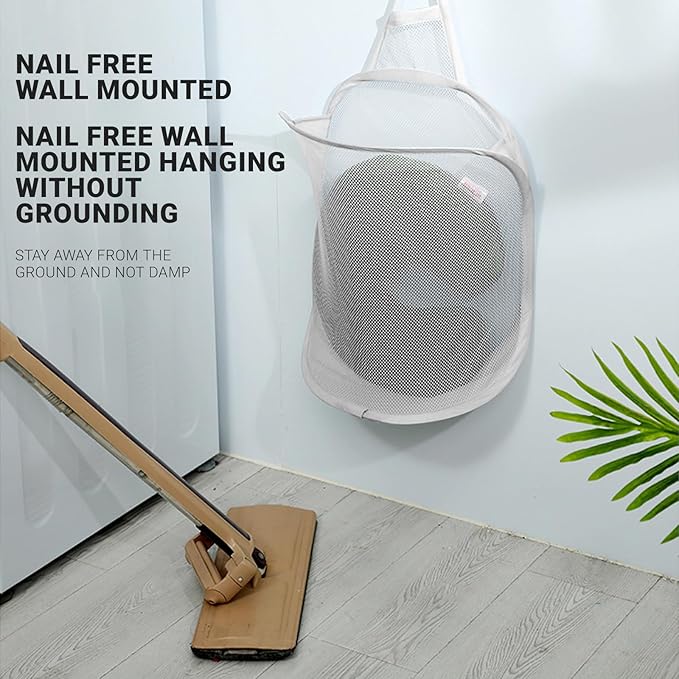 Hanging Laundry Bag Small Hanging Hamper Foldable Mesh Hamper Collapsible Wall Mounted Storage Bag for Home Hotel Office, White
