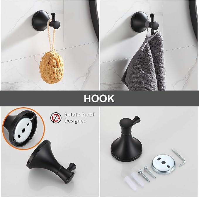 Black Bathroom Hardware Set - 4-Piece Towel Holder Set with 18 or 24 Inch Towel Bar