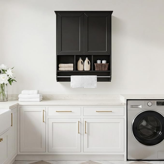 VANIRROR Bathroom Wall Cabinet with Towel Bar,Wooden Medicine Cabinet Adjustable Shelves,23x32 Inch Kitchen Cabinet,Over Toilet Storage Cabinet for Bathroom,Kitchen,Laundry