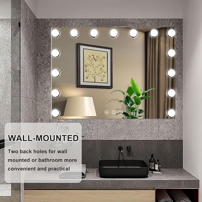 Kottova 23"x18.1" Vanity Mirror with Lights, Lighted Makeup Mirror with 15 Dimmable LED Bulbs, Hollywood Mirror with 3 Color Lightings, USB Charging Port Touch Control, Metal Frame,Plug in (White)