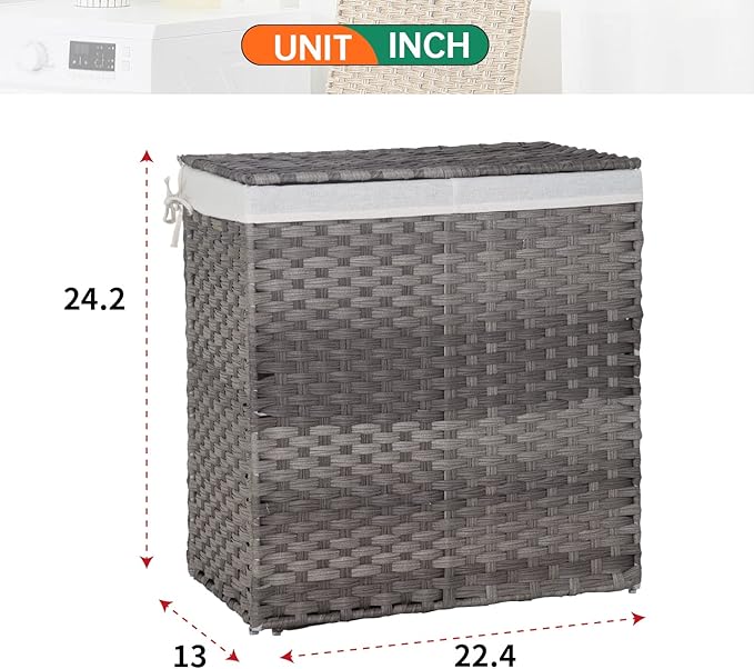 Paylesshere Laundry Basket Handwoven Laundry Hamper 90L/110L Foldable Rattan Laundry Hamper With Lid,2 Removable Liner Bags & 6 Bags,Clothes Bathroom Basket,Grey