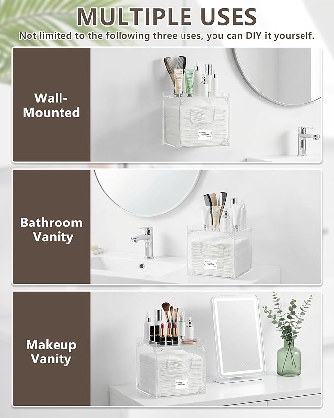 Foldable Facial Towel Holder – Disposable Face Towel Acrylic Storage Box for Bathroom, Clean Skin Club Box with Non-Slip Pads, Clean Towels XL Holder (Excluding Facial Towels)