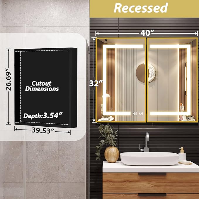 ROOMTEC Lighted Medicine Cabinet with Mirror 40"x32", Wall Mounted Bathroom Mirror with Storage, 2 Doors Bathroom Wall Cabinet with LED Lights,Gold