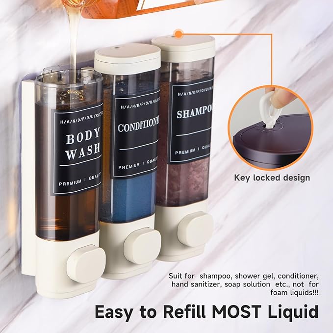 Shampoo and Conditioner Dispenser,Shower Dispenser 3 Chamber No Drilled Shampoo Dispenser for Shower Wall Mounted Body Wash for Bathroom Kitchen Hotel Large Capacity,Light Gray