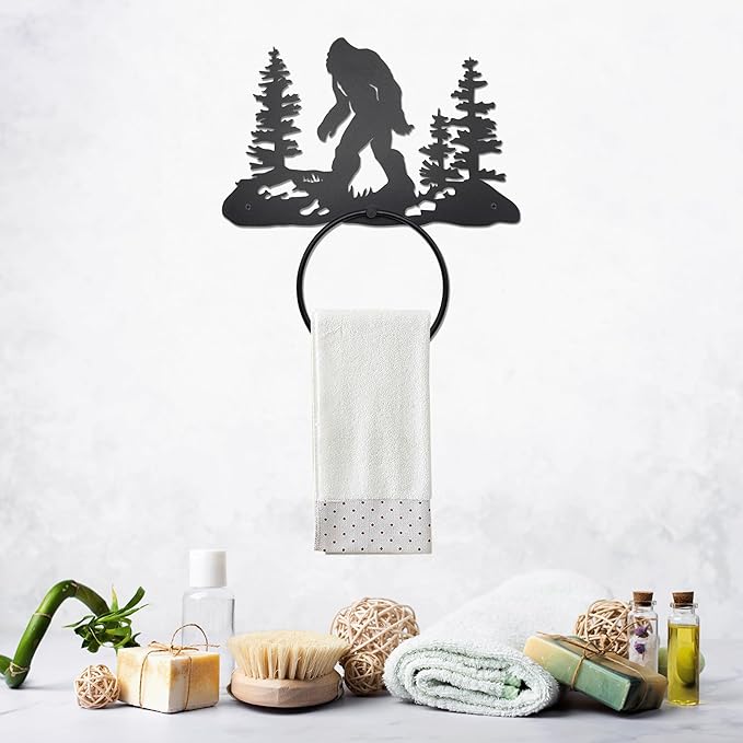 Bigfoot Sasquatch Metal Towel Holder - Rustic Towel Ring - Rustic Cabin, Lodge, Mountain Art Decor - Bigfoot Sasquatch Gift (Mat Black)
