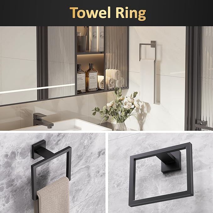 10-Pieces Bathroom Hardware Set,23.6inch Wall Mounted Double Towel Bar Set，Towel Rack&Toilet Paper Holder&Towel Ring and Towel Hook;Bathroom Accessories Set(Matte Black)
