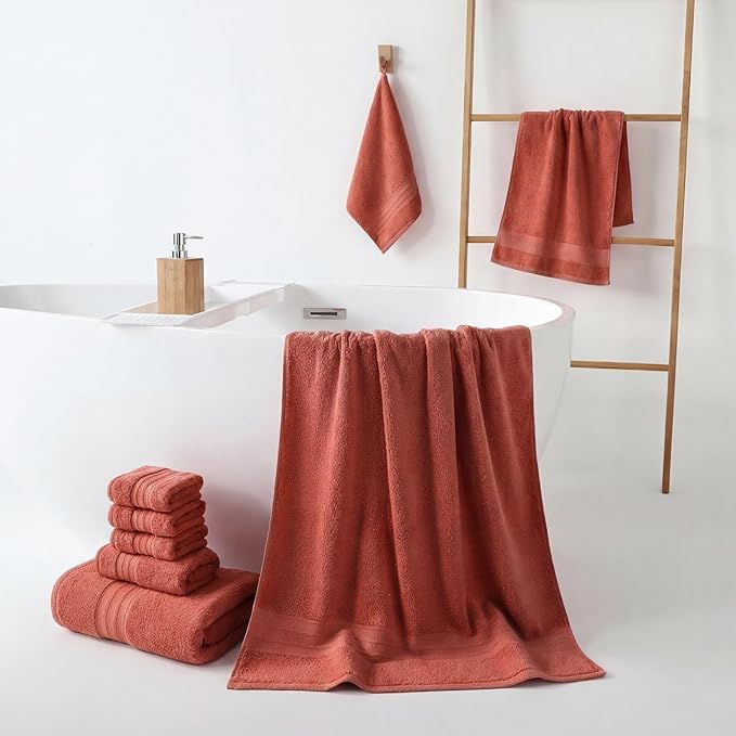 REDKISS 8 Piece Orange Towels Set - 100% Cotton Towels Set with 2 Large Bath Towels, 2 Hand, 4 Washcloths, 600 GSM Highly Absorbent Bath Towel Sets, Orange Quick Dry Shower Towel for Family Dorm Gym