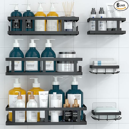 Youvip Shower Caddy 6 Pack, Adhesive Shower Shelves with Soap Holder, No Drilling Rustproof Large Capacity Bathroom Organizers and Storage, Matte Black