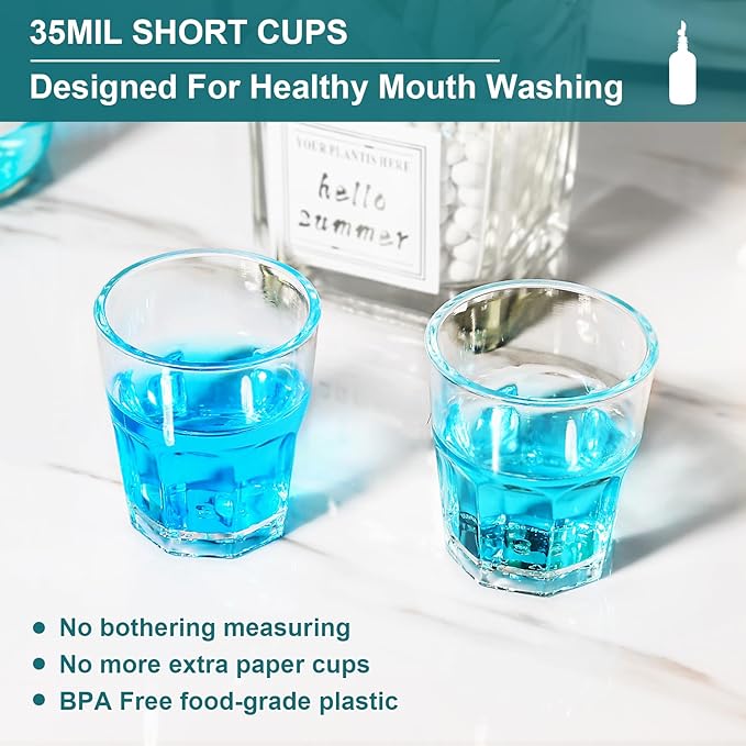 Mouthwash Dispenser for Bathroom, Glass Mouthwash Dispenser with Cup, Mouth Wash Container Bottle with Cup, Refillable Mouthwash Decanter, Clear, 1 Pack, 17oz, with Wooden Tray