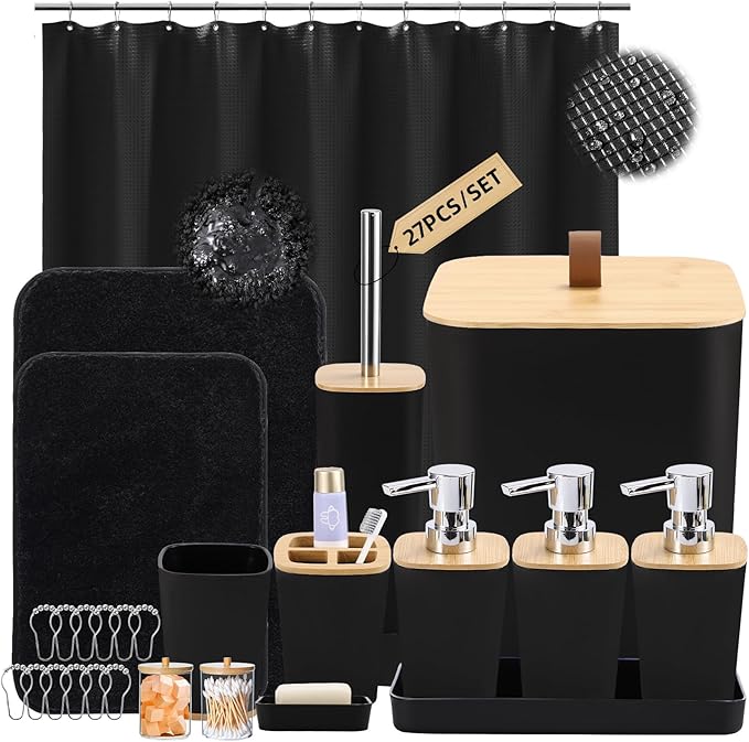 XLHOMO Bathroom Sets with Shower Curtain and Rugs, 27PCS Black Bathroom Accessories Set with Trash Can, Black Shower Curtain Set, No Slip Super Absorbent Bathroom Rugs
