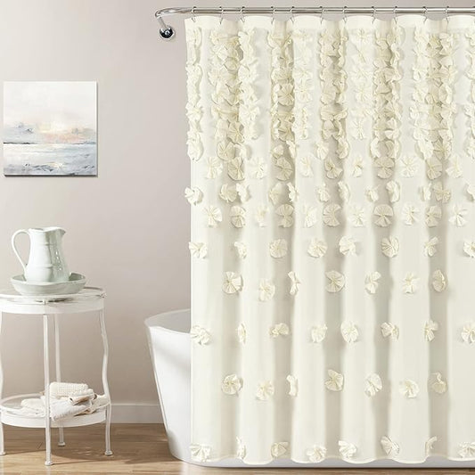 Lush Decor Riley Shower Curtain, 72" W x 72" L", Ivory - Bathroom Curtain - Coquette Decor - Bow Shower Curtains - Cottage Core - Fabric Shower Curtains