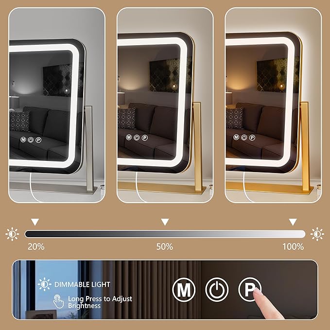 Ratsamee Gold Vanity Mirror with Lights 15"×13", Led Makeup Mirror, Lighted Makeup Mirror with 3 Color Dimmable Lights, Smart Touch Screen Control, 360°Rotation