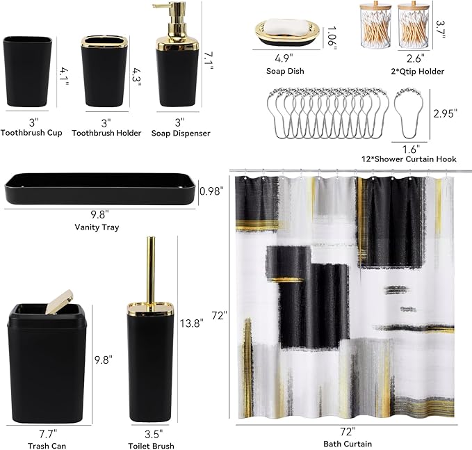 XLHOMO Black and Gold Bathroom Accessories Set, Bathroom Sets with Shower Curtain, Black Bathroom Accessories with Trash Can, Soap Dispenser, Soap Dish, Toilet Brush Holder, Qtip Holders for Bathroom