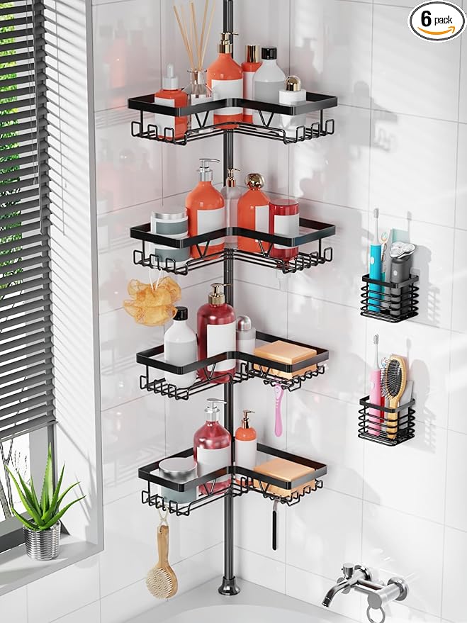 KEGII Set of 2 Wall Mount Toothbrush Holders with Tension Pole Shower Caddy, Rustproof Bathroom Organizer with Soap Holder & Hooks, 4 Adjustable Shower Shelves for Renters, 25-114.2 inch Black