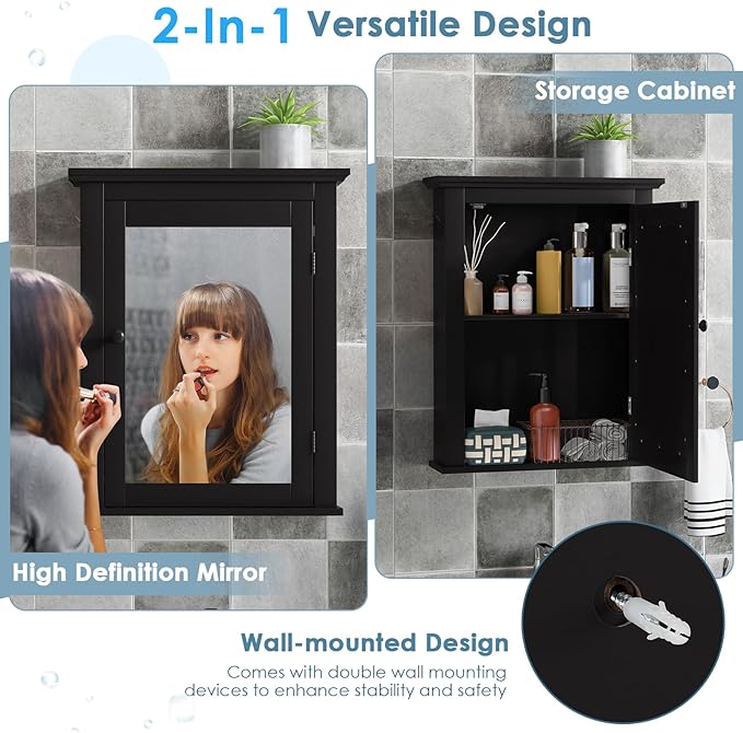 COSTWAY Bathroom Medicine Cabinet with Mirror, Wall-Mounted Storage Cabinet Organizer with 5-Position Adjustable Shelf, Hanging Bathroom Wall Cabinet for Living Room Bedroom Entryway (Black)
