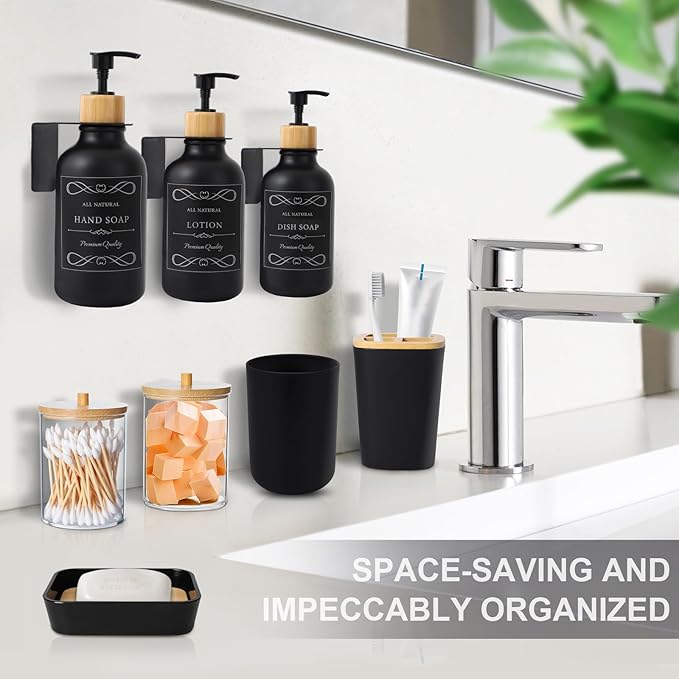 XLHOMO Black and Wood Bathroom Accessories Set 19Pcs, Bathroom Set with Trash Can and Toilet Brush, 3PCS Drill Free 17oz Soap Dispenser Wall Mounted, Toothbrush Holder and Cup, Soap Dish, Qtip Holder