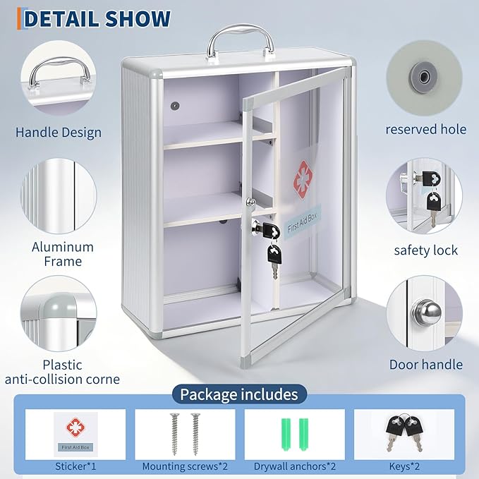 Garvee Large Lockable Medicine Cabinet with Handle,Protable First Aid Cabinet Wall Mount with Sticker for Bathroom,13.78"×5.51"×16.53",Sliver