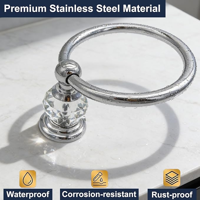 Silver Towel Ring with Crystal, Round Hand Towel Holders for Bathrooms, Stainless Steel Hand Towel Rack Wall Mounted for Luxury Modern Bathroom, Kitchen, Hotel