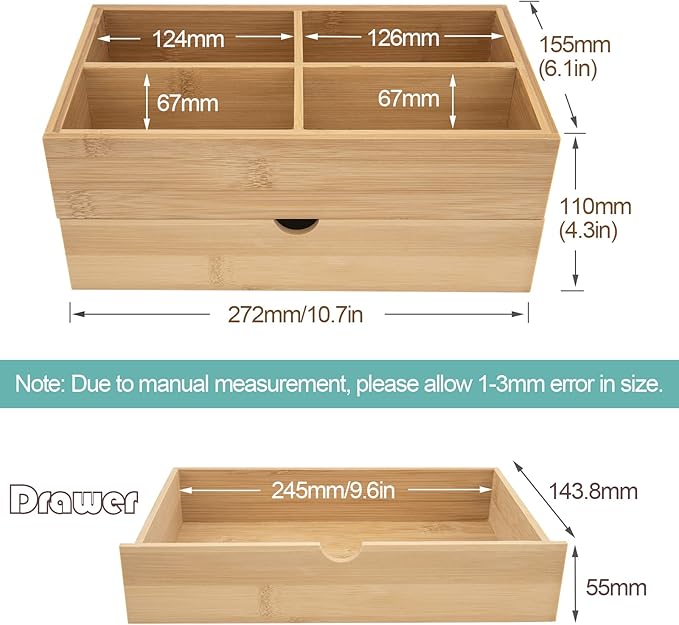 BOOTOP PIN Bamboo Makeup Organizer with Drawers for Countertop, Dresser, Bathroom Skincare